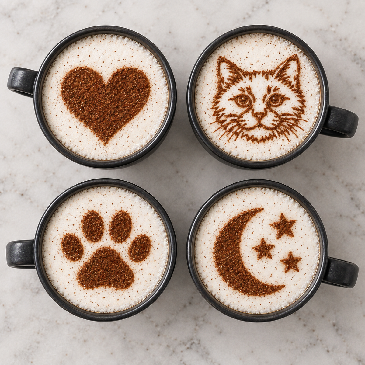 Four coffees with heart, cat, paw print and moon designs