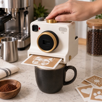 Pressing Foamie onto a mug of coffee in a kitchen