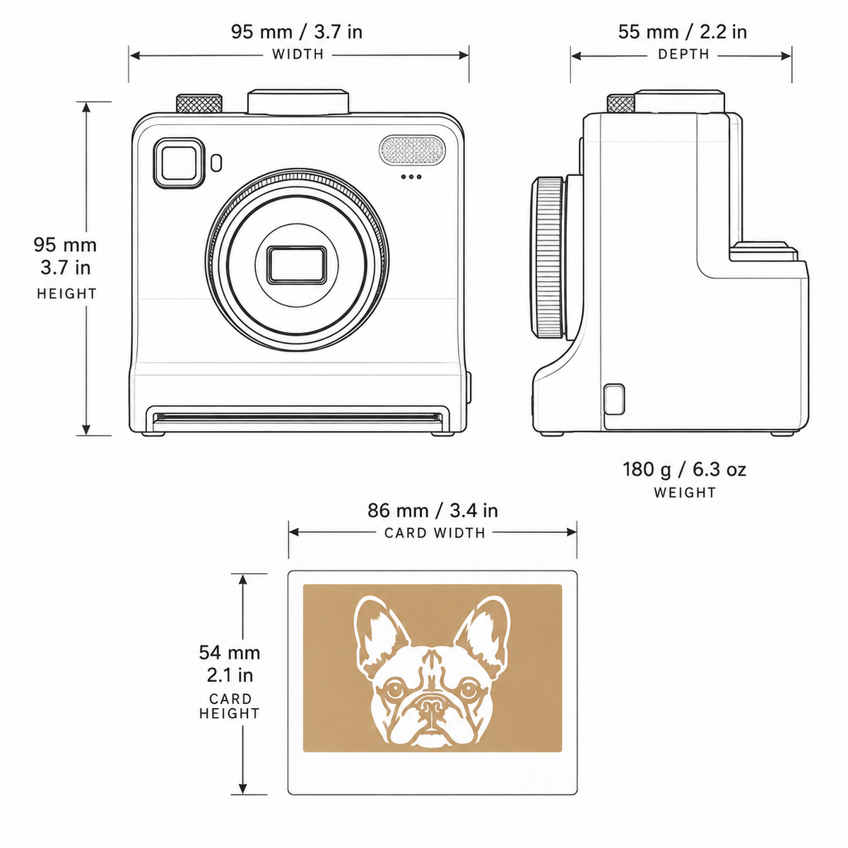 Foamie dimensions: 95mm wide, 95mm tall, 55mm deep, 180g